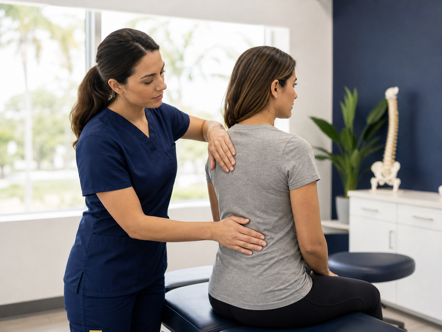 Chiropractic provider assessing a patient's back in a clinic