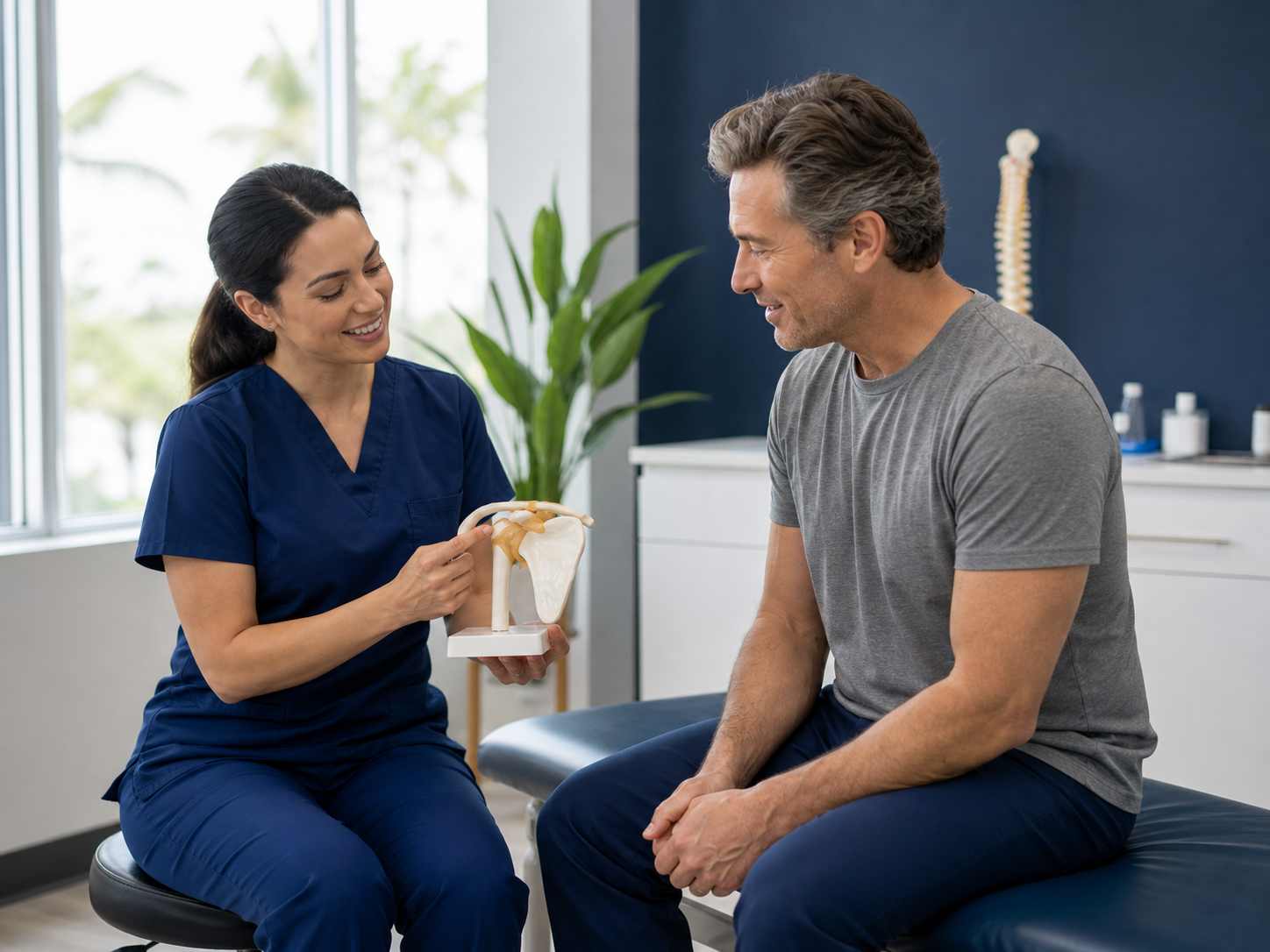 Orthopedic provider explaining a shoulder model to a patient