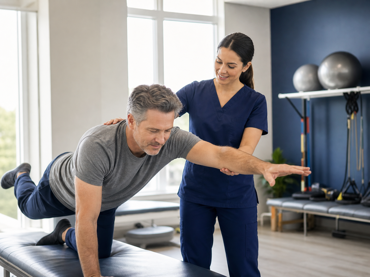Physical therapist guiding a patient through a rehab movement